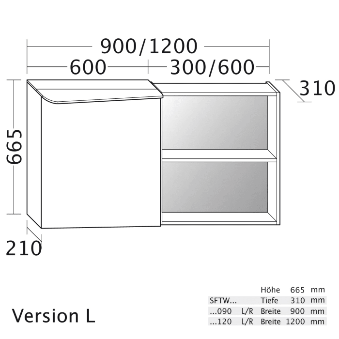 burgbad Badu Spiegelschrank mit LED-Aufsatzleuchte 120 cm, 1 Spiegeltür links, 1 Regal rechts