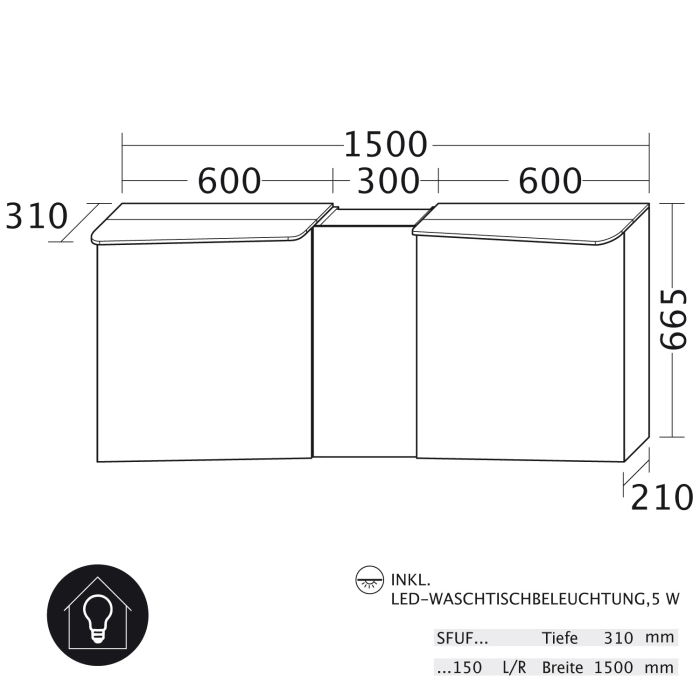 burgbad Badu Spiegelschrank mit LED-Aufsatzleuchte 150 cm, 3 Spiegeltüren inkl. LED-Waschtischbeleuchtung, Version rechts