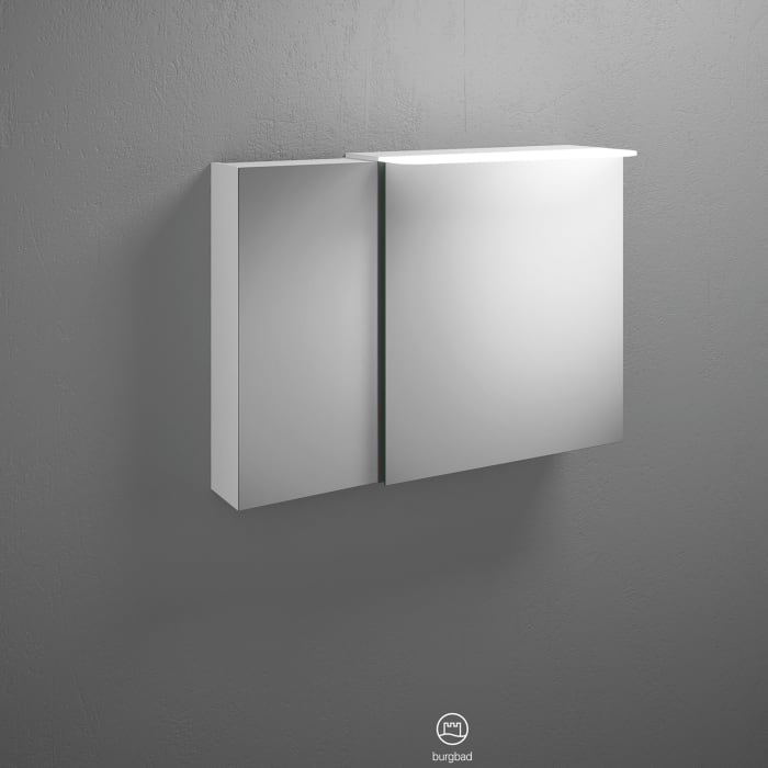 burgbad Badu Spiegelschrank mit LED-Aufsatzleuchte 90 cm, 2 Spiegeltüren, Version links