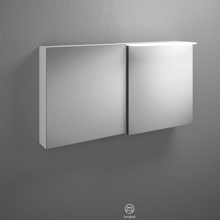 burgbad Badu Spiegelschrank mit LED-Aufsatzleuchte 120 cm, 2 Spiegeltüren, Version links