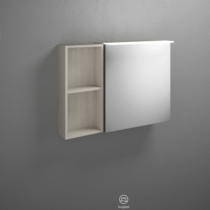 burgbad Badu Spiegelschrank mit LED-Aufsatzleuchte 90 cm, 1 Spiegeltür links, Regal rechts