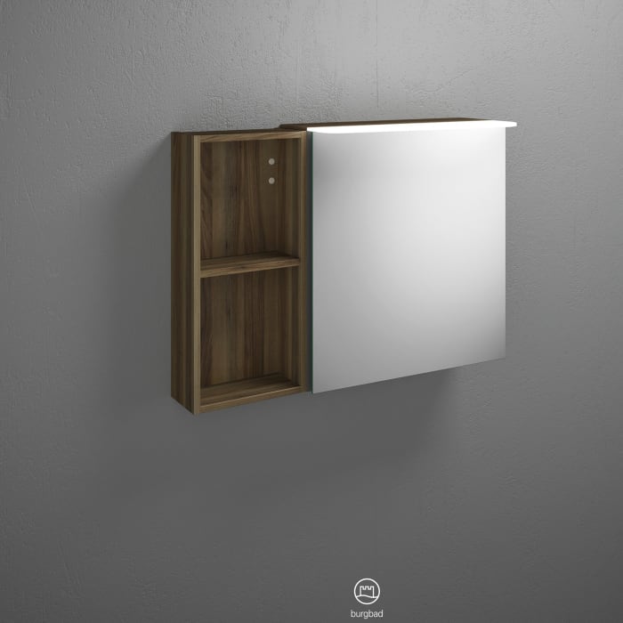 burgbad Badu Spiegelschrank mit LED-Aufsatzleuchte 90 cm, 1 Spiegeltür links, Regal rechts