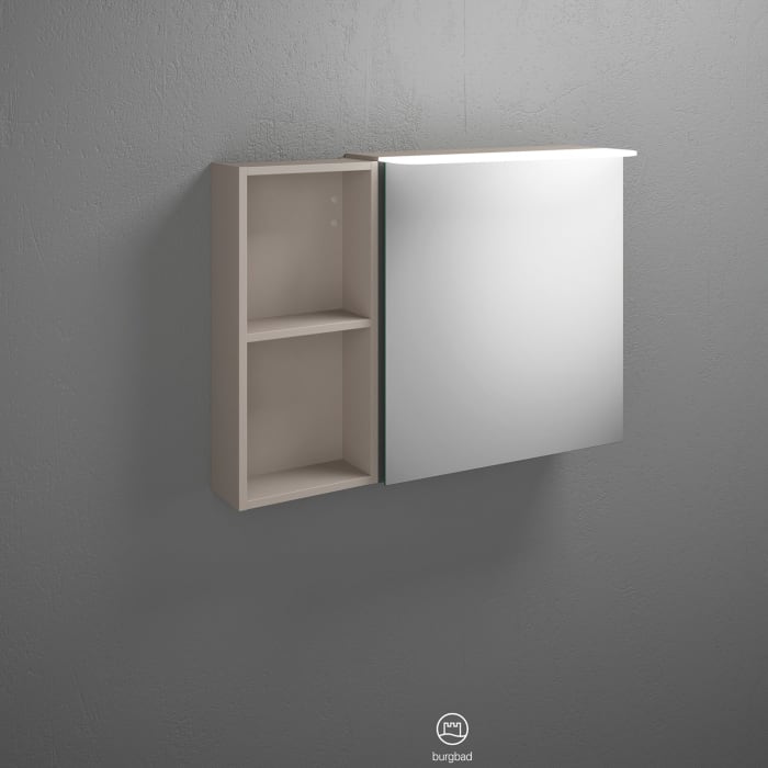 burgbad Badu Spiegelschrank mit LED-Aufsatzleuchte 90 cm, 1 Spiegeltür rechts, Regal links