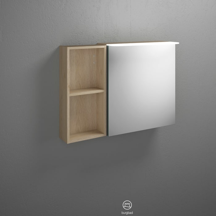 burgbad Badu Spiegelschrank mit LED-Aufsatzleuchte 90 cm, 1 Spiegeltür rechts, Regal links