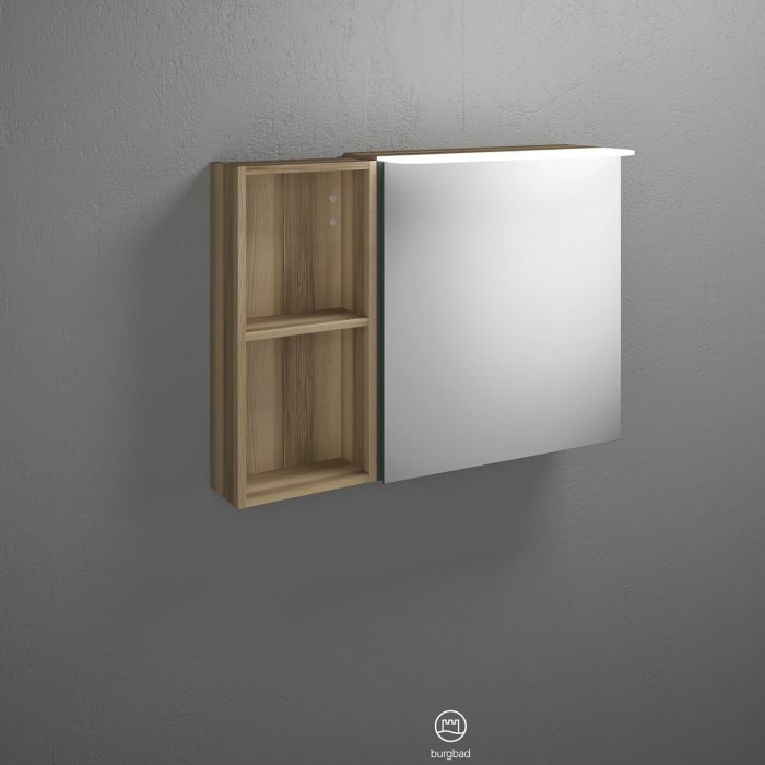 burgbad Badu Spiegelschrank mit LED-Aufsatzleuchte 90 cm, 1 Spiegeltür rechts, Regal links