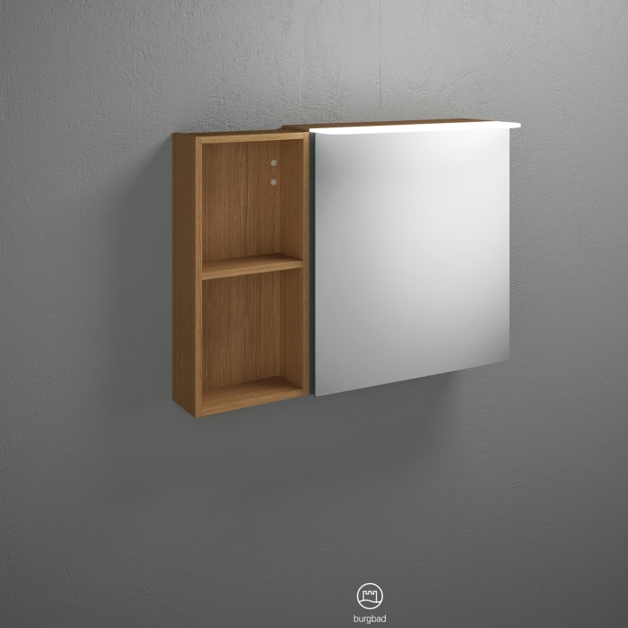 burgbad Badu Spiegelschrank mit LED-Aufsatzleuchte 90 cm, 1 Spiegeltür rechts, Regal links