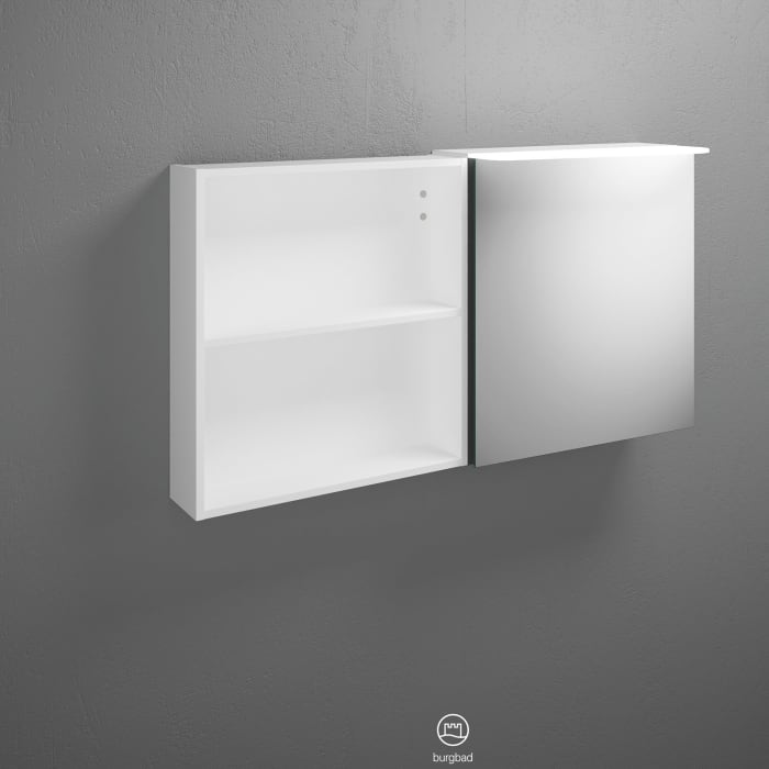 burgbad Badu Spiegelschrank mit LED-Aufsatzleuchte 120 cm, 1 Spiegeltür links, 1 Regal rechts