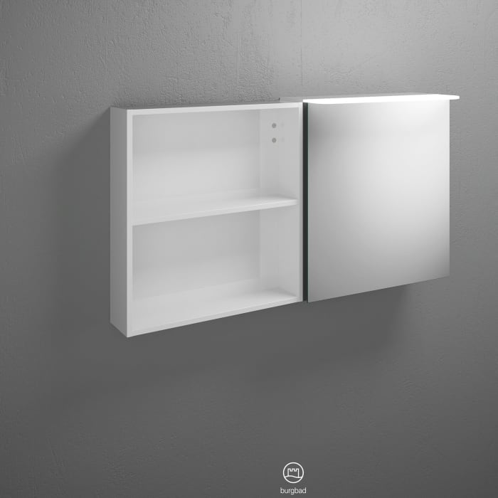 burgbad Badu Spiegelschrank mit LED-Aufsatzleuchte 120 cm, 1 Spiegeltür links, 1 Regal rechts