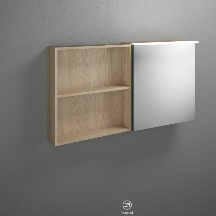 burgbad Badu Spiegelschrank mit LED-Aufsatzleuchte 120 cm, 1 Spiegeltür links, 1 Regal rechts