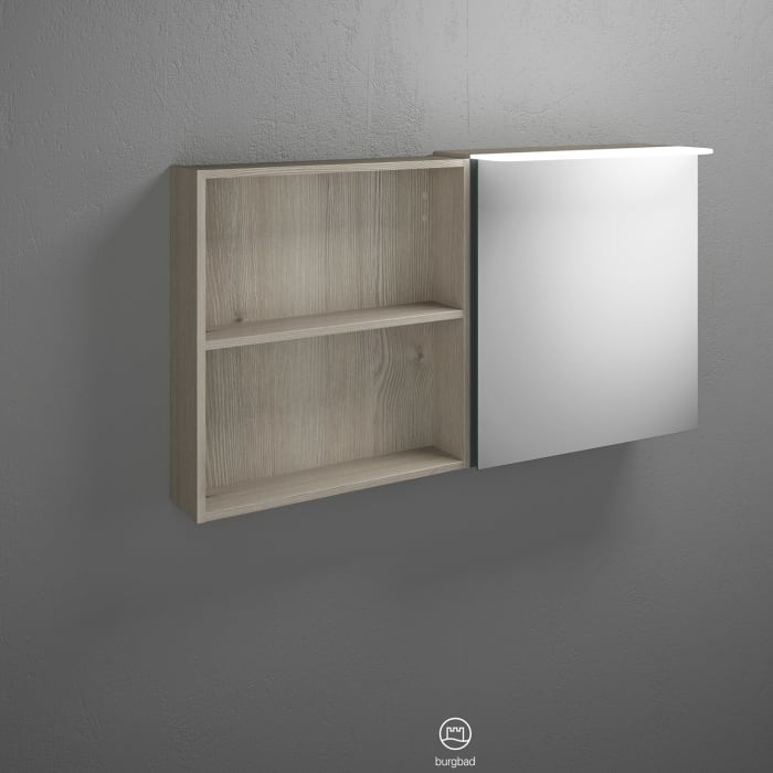 burgbad Badu Spiegelschrank mit LED-Aufsatzleuchte 120 cm, 1 Spiegeltür links, 1 Regal rechts