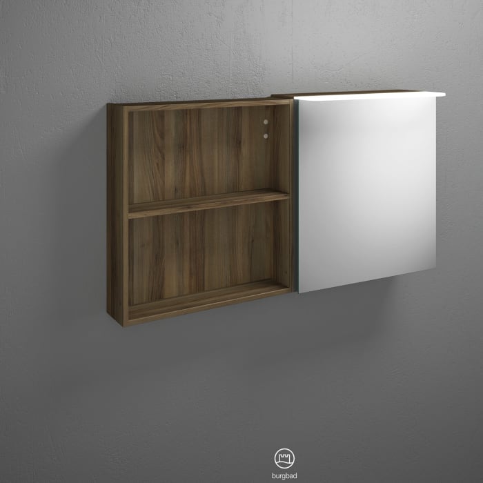 burgbad Badu Spiegelschrank mit LED-Aufsatzleuchte 120 cm, 1 Spiegeltür links, 1 Regal rechts
