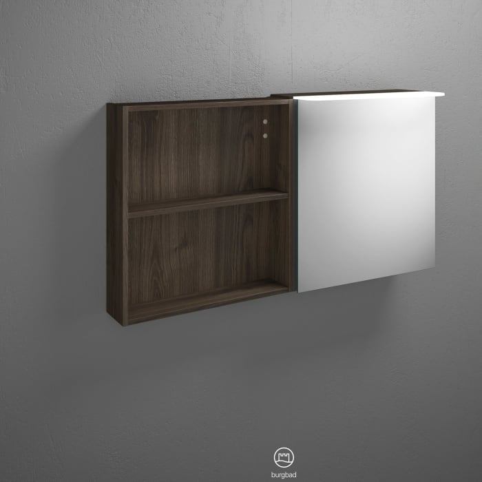 burgbad Badu Spiegelschrank mit LED-Aufsatzleuchte 120 cm, 1 Spiegeltür links, 1 Regal rechts