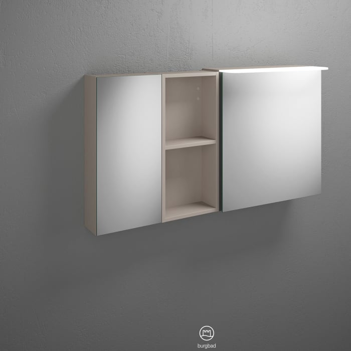 burgbad Badu Spiegelschrank mit LED-Aufsatzleuchte 120 cm, 2 Spiegeltüren, 1 Regal, Version links