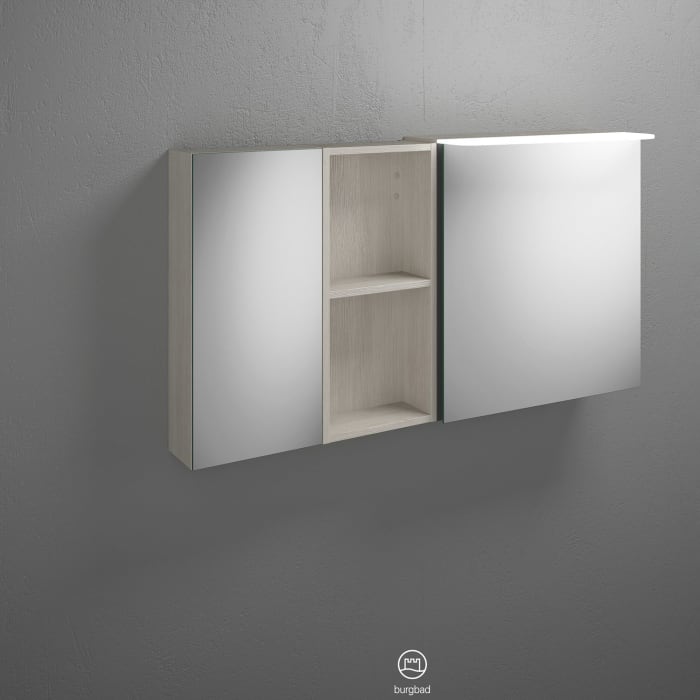 burgbad Badu Spiegelschrank mit LED-Aufsatzleuchte 120 cm, 2 Spiegeltüren, 1 Regal, Version links