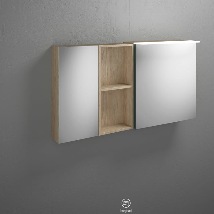 burgbad Badu Spiegelschrank mit LED-Aufsatzleuchte 120 cm, 2 Spiegeltüren, 1 Regal, Version links