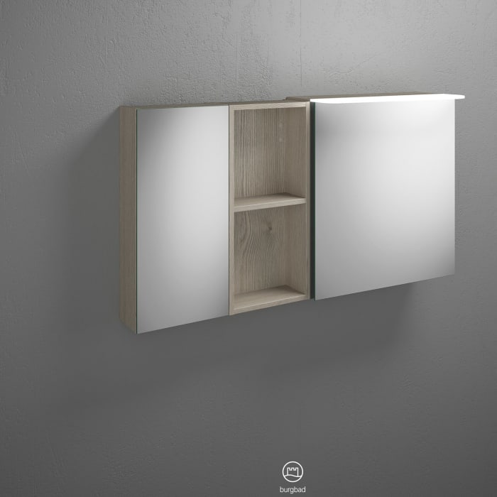 burgbad Badu Spiegelschrank mit LED-Aufsatzleuchte 120 cm, 2 Spiegeltüren, 1 Regal, Version links