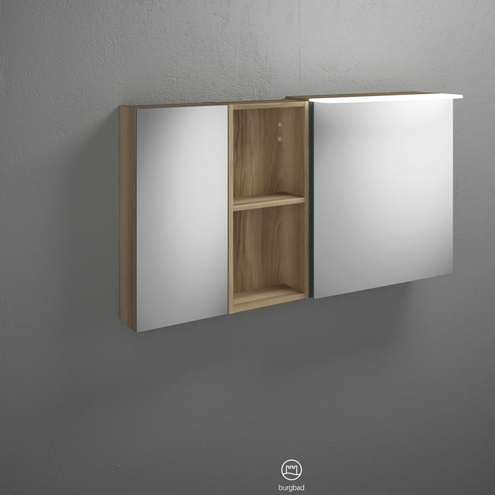 burgbad Badu Spiegelschrank mit LED-Aufsatzleuchte 120 cm, 2 Spiegeltüren, 1 Regal, Version links