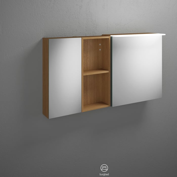 burgbad Badu Spiegelschrank mit LED-Aufsatzleuchte 120 cm, 2 Spiegeltüren, 1 Regal, Version links