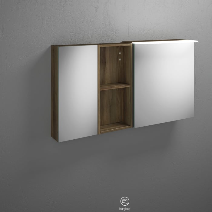 burgbad Badu Spiegelschrank mit LED-Aufsatzleuchte 120 cm, 2 Spiegeltüren, 1 Regal, Version links