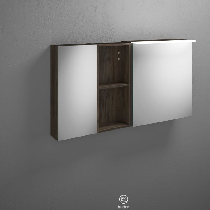 burgbad Badu Spiegelschrank mit LED-Aufsatzleuchte 120 cm, 2 Spiegeltüren, 1 Regal, Version rechts