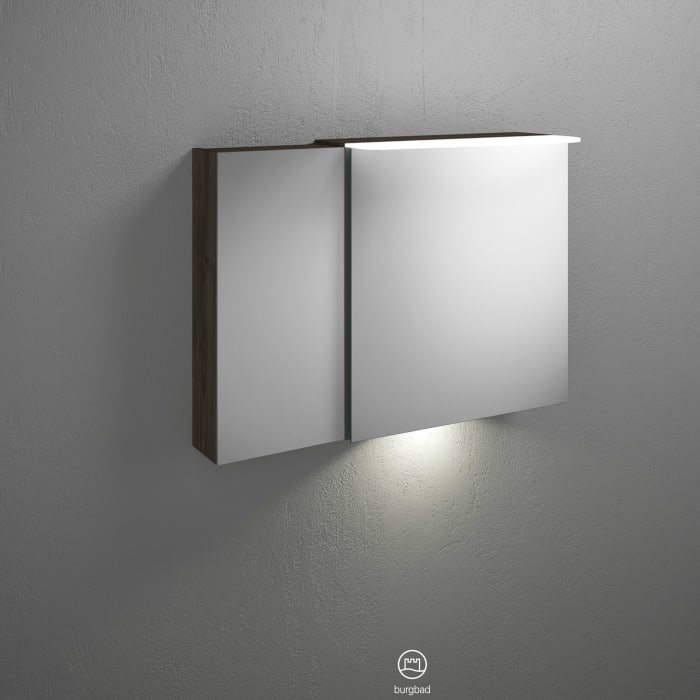 burgbad Badu Spiegelschrank mit LED-Aufsatzleuchte 90 cm, 2 Spiegeltüren inkl. LED-Waschtischbeleuchtung, Version links