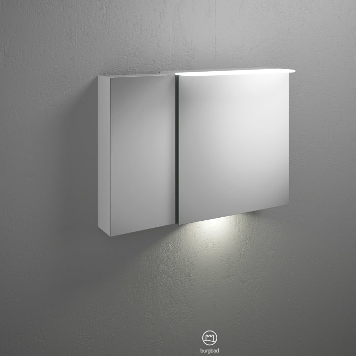 burgbad Badu Spiegelschrank mit LED-Aufsatzleuchte 90 cm, 2 Spiegeltüren inkl. LED-Waschtischbeleuchtung, Version rechts