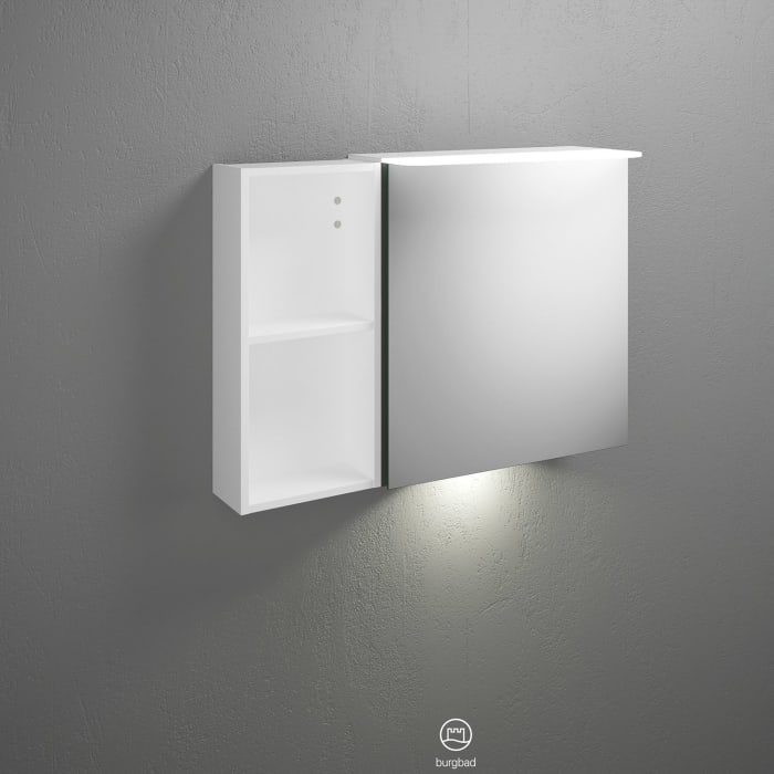 burgbad Badu Spiegelschrank mit LED-Aufsatzleuchte 90 cm, 1 Spiegeltür links, Regal rechts inkl. LED-Waschtischbeleuchtung