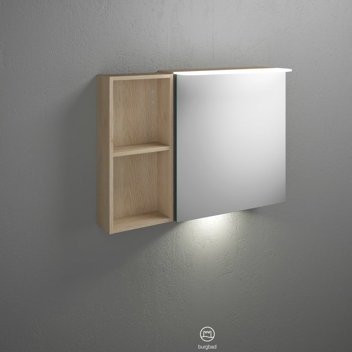 burgbad Badu Spiegelschrank mit LED-Aufsatzleuchte 90 cm, 1 Spiegeltür links, Regal rechts inkl. LED-Waschtischbeleuchtung