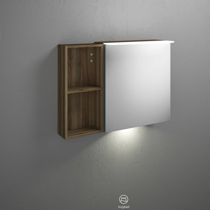 burgbad Badu Spiegelschrank mit LED-Aufsatzleuchte 90 cm, 1 Spiegeltür links, Regal rechts inkl. LED-Waschtischbeleuchtung