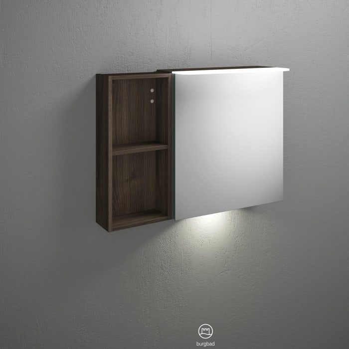 burgbad Badu Spiegelschrank mit LED-Aufsatzleuchte 90 cm, 1 Spiegeltür links, Regal rechts inkl. LED-Waschtischbeleuchtung