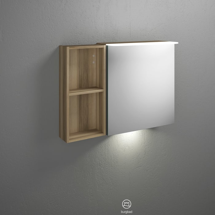 burgbad Badu Spiegelschrank mit LED-Aufsatzleuchte 90 cm, 1 Spiegeltür rechts, Regal links inkl. LED-Waschtischbeleuchtung