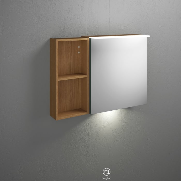 burgbad Badu Spiegelschrank mit LED-Aufsatzleuchte 90 cm, 1 Spiegeltür rechts, Regal links inkl. LED-Waschtischbeleuchtung