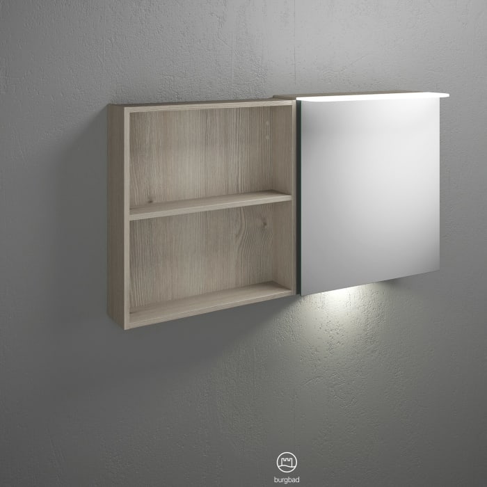 burgbad Badu Spiegelschrank mit LED-Aufsatzleuchte 120 cm, 1 Spiegeltür rechts, 1 Regal links inkl. LED-Waschtischbeleuchtung