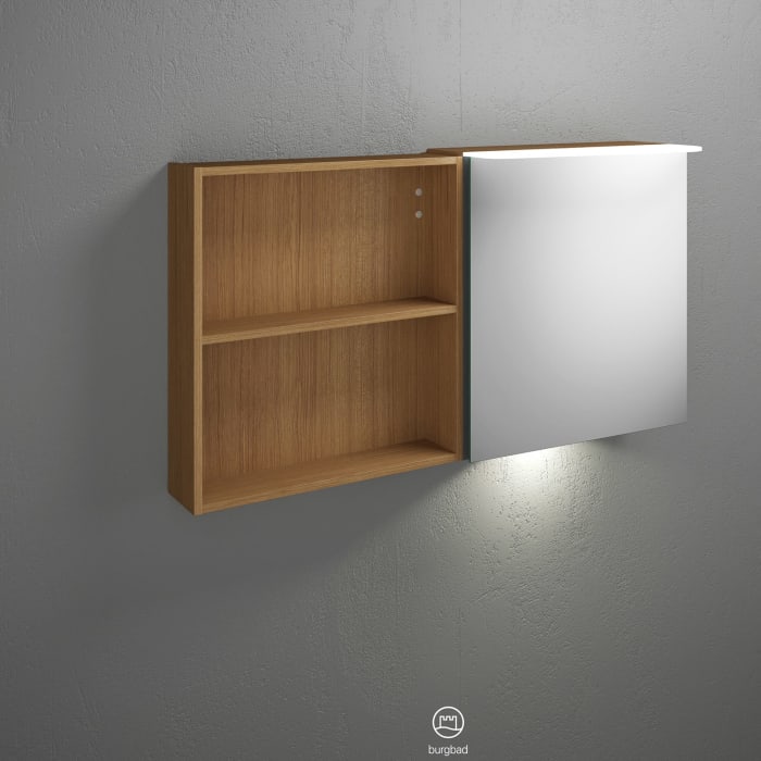 burgbad Badu Spiegelschrank mit LED-Aufsatzleuchte 120 cm, 1 Spiegeltür rechts, 1 Regal links inkl. LED-Waschtischbeleuchtung
