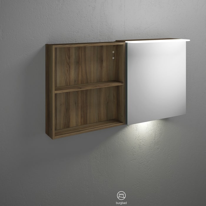 burgbad Badu Spiegelschrank mit LED-Aufsatzleuchte 120 cm, 1 Spiegeltür rechts, 1 Regal links inkl. LED-Waschtischbeleuchtung