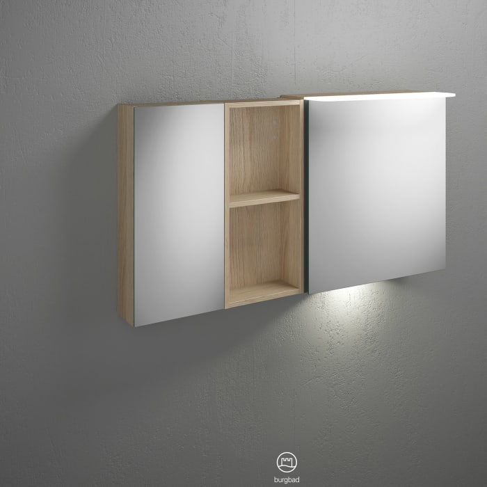 burgbad Badu Spiegelschrank mit LED-Aufsatzleuchte 120 cm, 2 Spiegeltüren, 1 Regal inkl. LED-Waschtischbeleuchtung, Version links