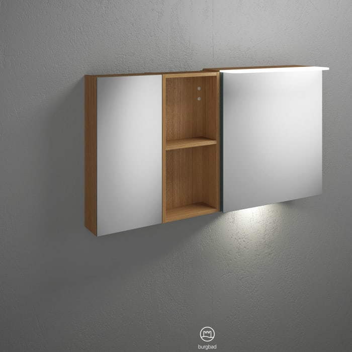 burgbad Badu Spiegelschrank mit LED-Aufsatzleuchte 120 cm, 2 Spiegeltüren, 1 Regal inkl. LED-Waschtischbeleuchtung, Version links
