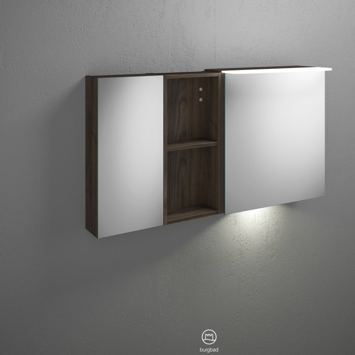 burgbad Badu Spiegelschrank mit LED-Aufsatzleuchte 120 cm, 2 Spiegeltüren, 1 Regal inkl. LED-Waschtischbeleuchtung, Version links