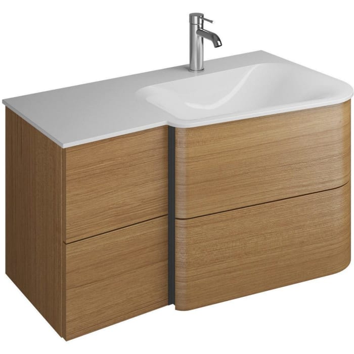 burgbad Badu Mineralguss-Waschtisch inkl. Waschtischunterschrank 92 cm, 2 Schubladen seitlich, Becken rechts