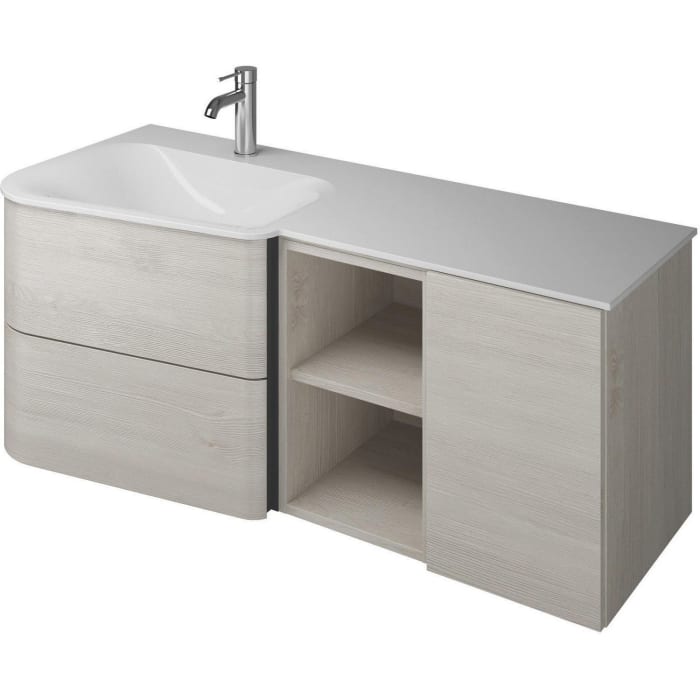 burgbad Badu Mineralguss-Waschtisch inkl. Waschtischunterschrank 122 cm, 1 Regal, Becken links