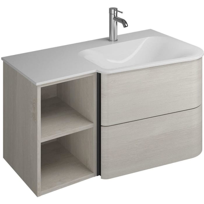 burgbad Badu Mineralguss-Waschtisch inkl. Waschtischunterschrank 92 cm, 1 Regal links, Becken rechts