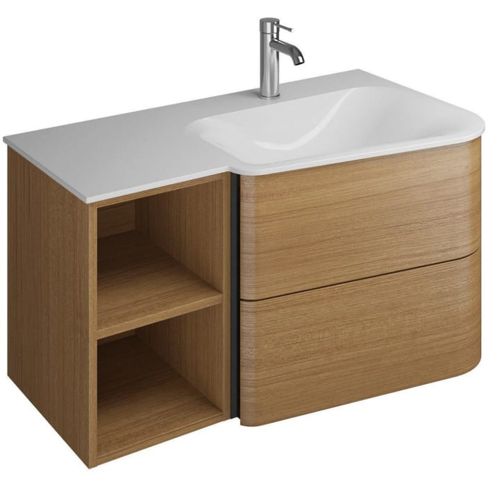 burgbad Badu Mineralguss-Waschtisch inkl. Waschtischunterschrank 92 cm, 1 Regal links, Becken rechts