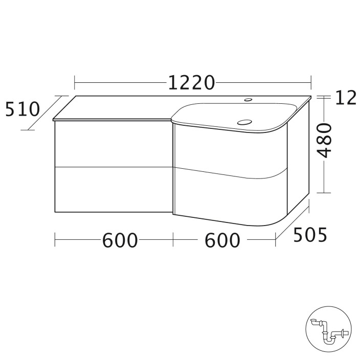 burgbad Badu Mineralguss-Waschtisch inkl. Waschtischunterschrank 122 cm, 2 Schubladen seitlich, Becken rechts