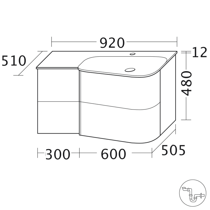 burgbad Badu Mineralguss-Waschtisch inkl. Waschtischunterschrank 92 cm, 2 Schubladen seitlich, Becken rechts