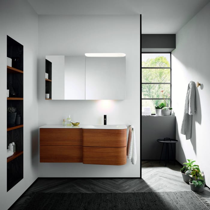 burgbad Badu Mineralguss-Waschtisch inkl. Waschtischunterschrank 122 cm, 2 Schubladen seitlich, Becken rechts