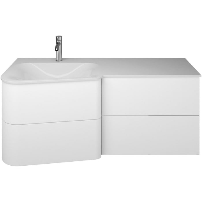 burgbad Badu Mineralguss-Waschtisch inkl. Waschtischunterschrank 122 cm, 2 Schubladen seitlich, Becken links