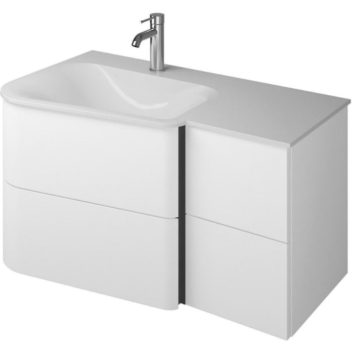 burgbad Badu Mineralguss-Waschtisch inkl. Waschtischunterschrank 92 cm, 2 Schubladen seitlich, Becken links
