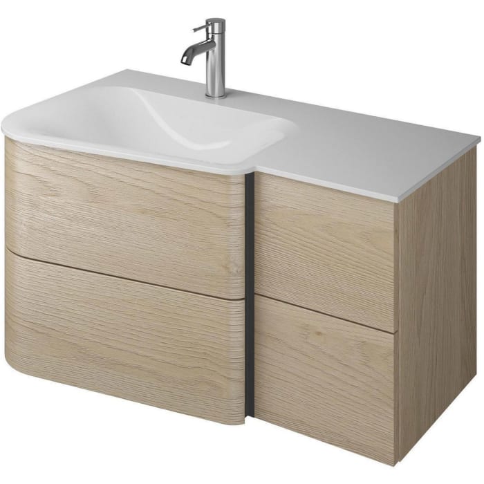 burgbad Badu Mineralguss-Waschtisch inkl. Waschtischunterschrank 92 cm, 2 Schubladen seitlich, Becken links
