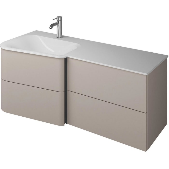 burgbad Badu Mineralguss-Waschtisch inkl. Waschtischunterschrank 122 cm, 2 Schubladen seitlich, Becken links