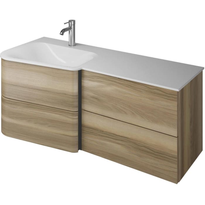 burgbad Badu Mineralguss-Waschtisch inkl. Waschtischunterschrank 122 cm, 2 Schubladen seitlich, Becken links